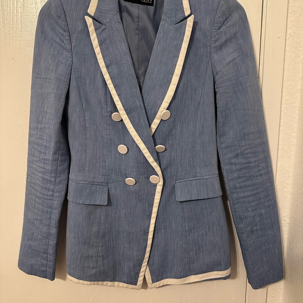 Elegant Blue Double-Breasted Blazer with White Trim